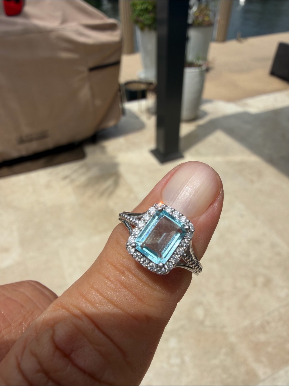 Sterling Silver Aquamarine Halo Ring with Diamond Accents